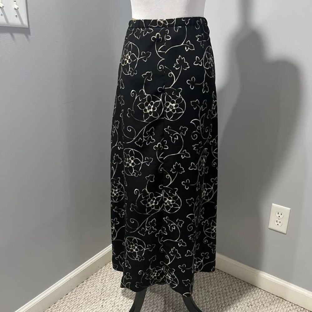 VINTAGE 90s Y2K Kathie Lee Collection Black Tan Cream Floral Midi Skirt Size 10